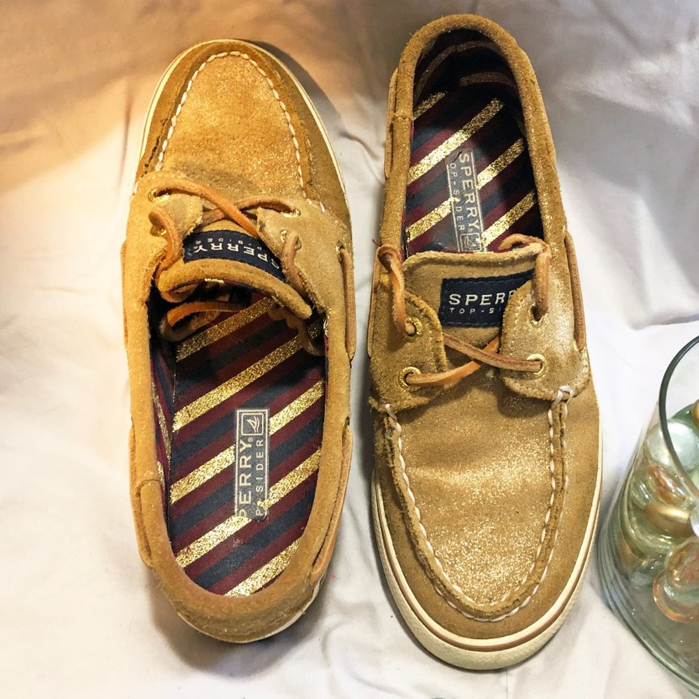 Sperry Top-Sider Bahama Gold Glittering Suede Moc-Toe Boat Shoe, Size US 5.5 M